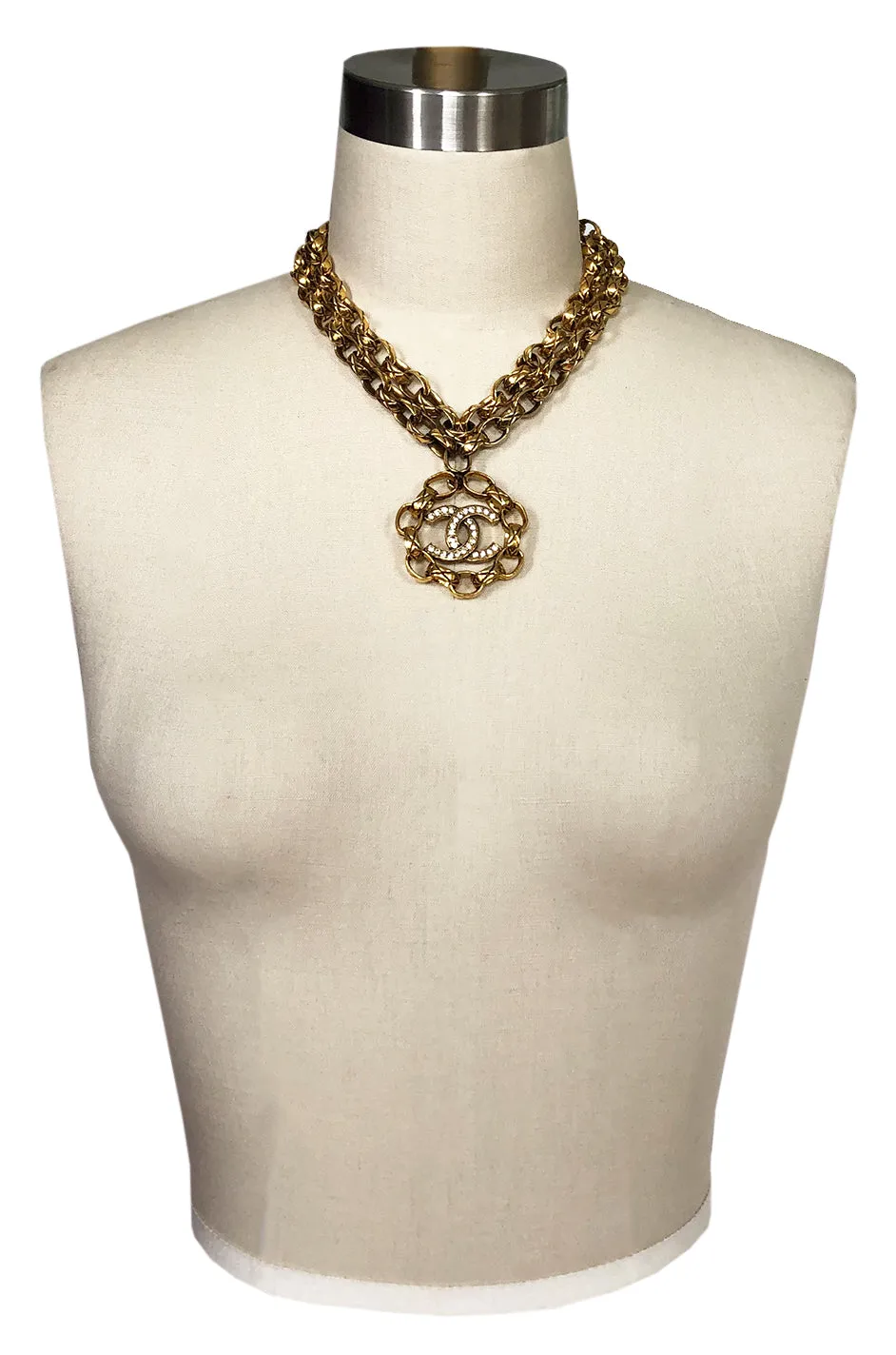 2003 Chanel Gold & Crystal Medallion Large Link Chain Necklace