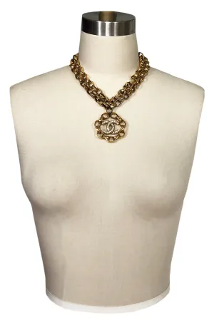2003 Chanel Gold & Crystal Medallion Large Link Chain Necklace