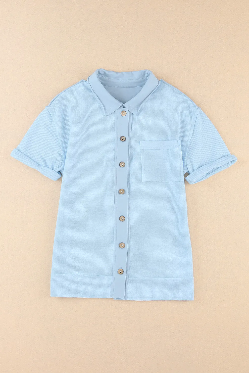 Acid Wash Waffle Knit Short Sleeve Buttoned Shirt