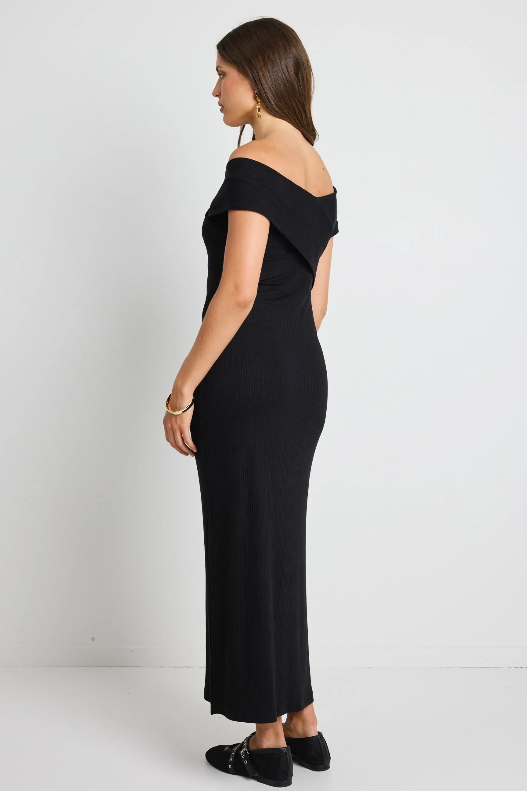 Alfa Black Rib Off Shoulder SS Midi Dress