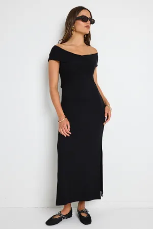 Alfa Black Rib Off Shoulder SS Midi Dress