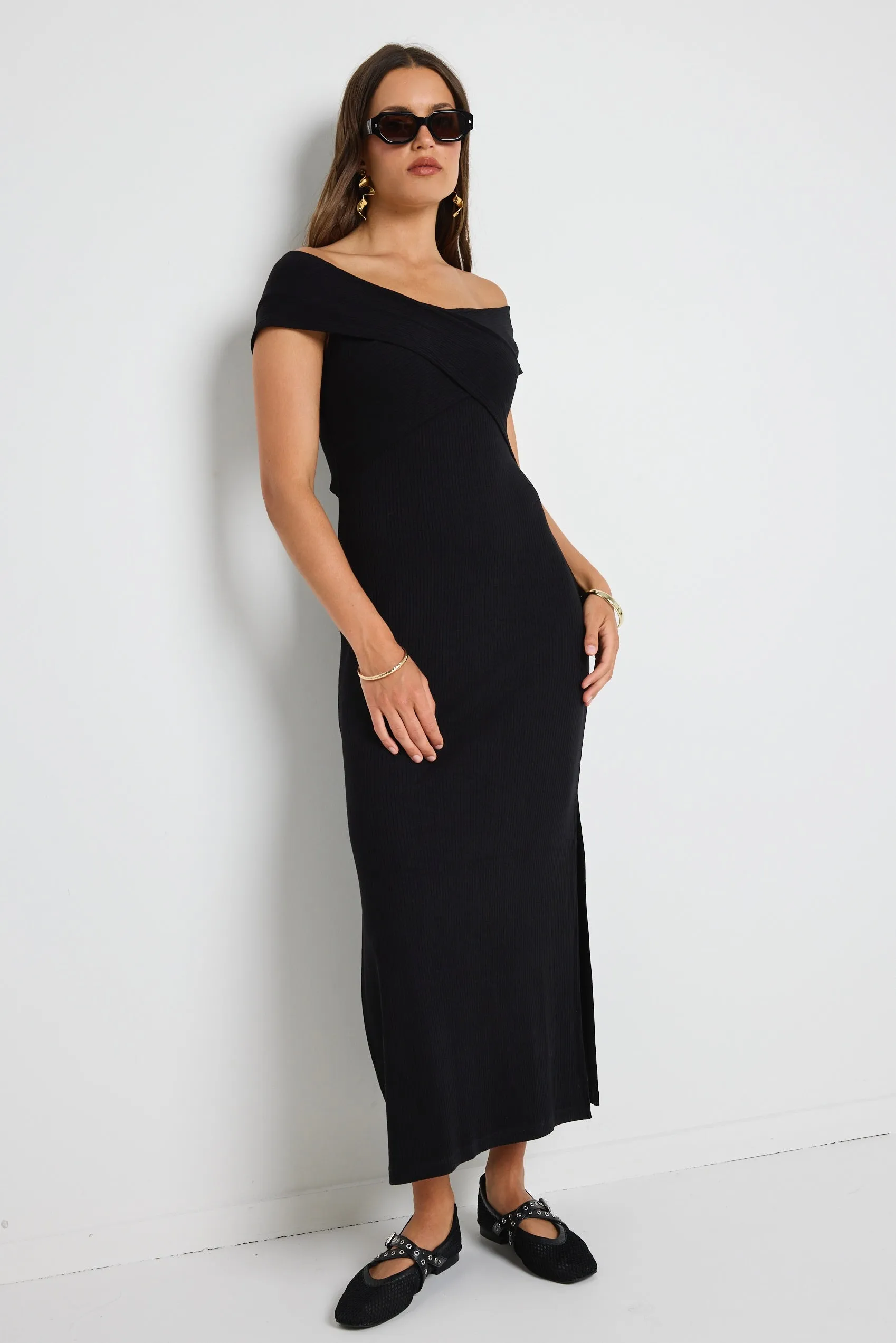 Alfa Black Rib Off Shoulder SS Midi Dress