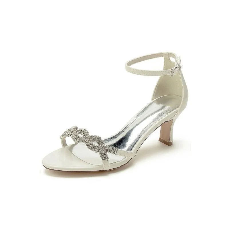 Ankle Strap Wedding Chunky Heels with Rhinestone