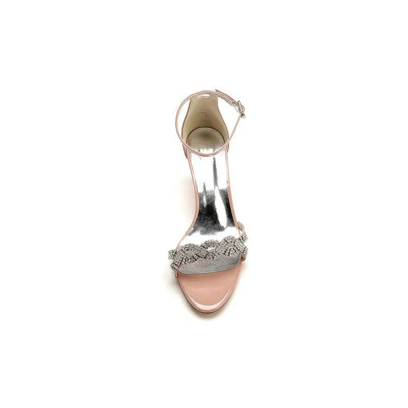 Ankle Strap Wedding Chunky Heels with Rhinestone