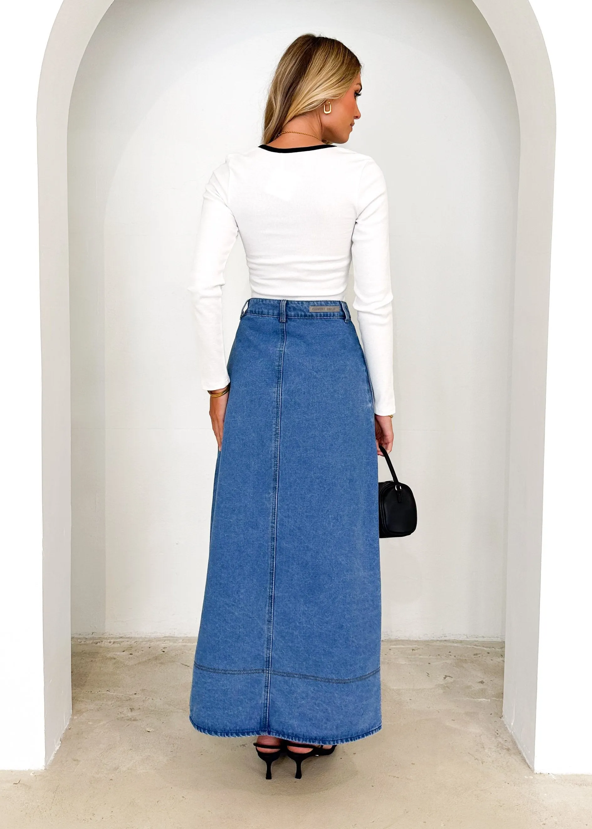 Avida Denim Midi Skirt - Mid Blue