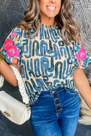 Beige Embroidered Puff Sleeve Frilled Neck Printed Top