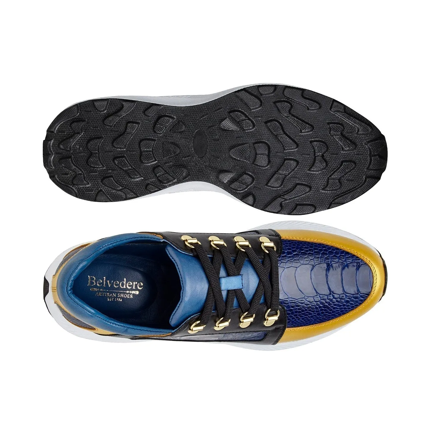 Belvedere Adam in Gold, Electric Blue & Black Exotic Ostrich / Calf-Skin Leather Sneaker