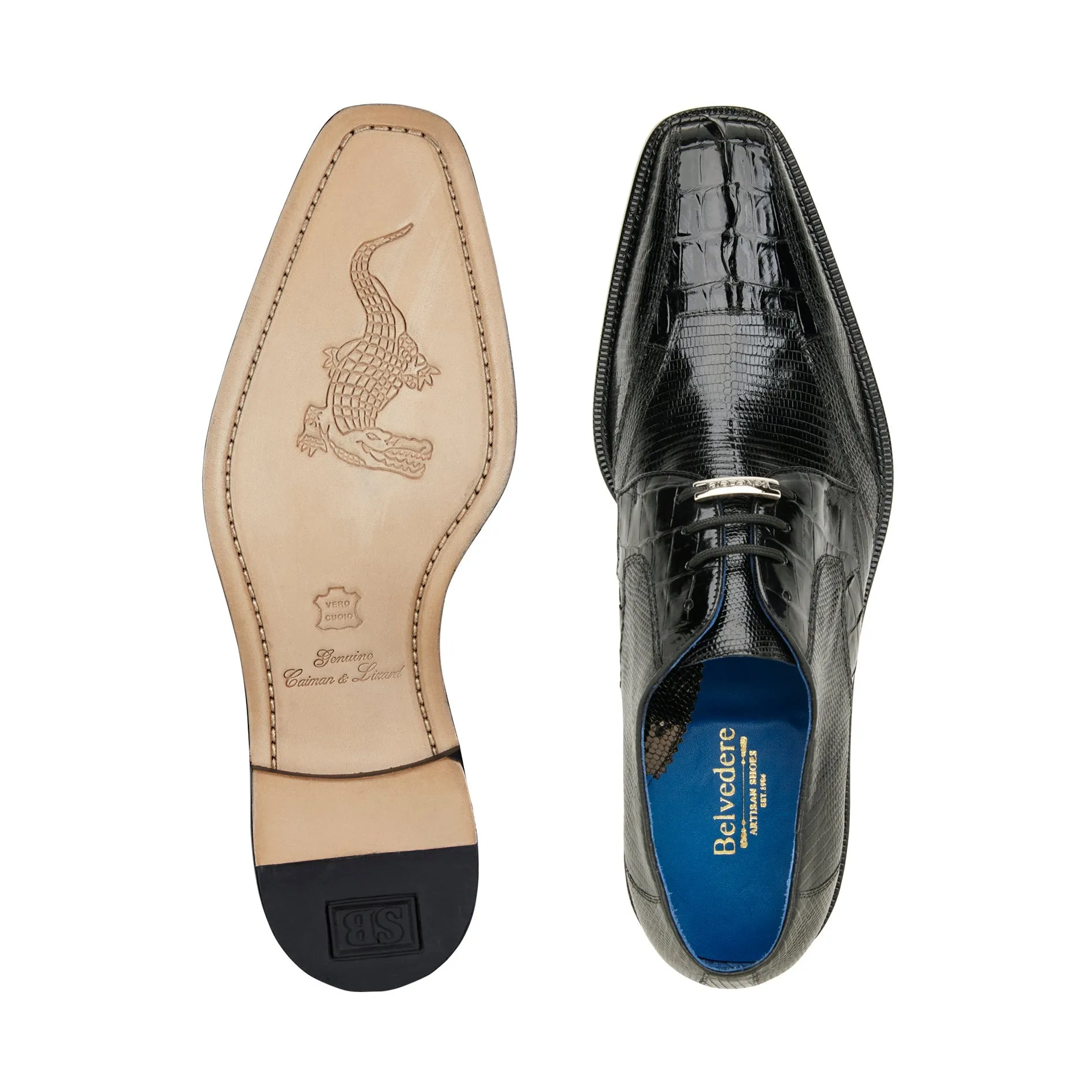 Belvedere - Valter, Genuine Caiman Crocodile and Lizard Dress Shoe - Black - 1480 (IN STORE)