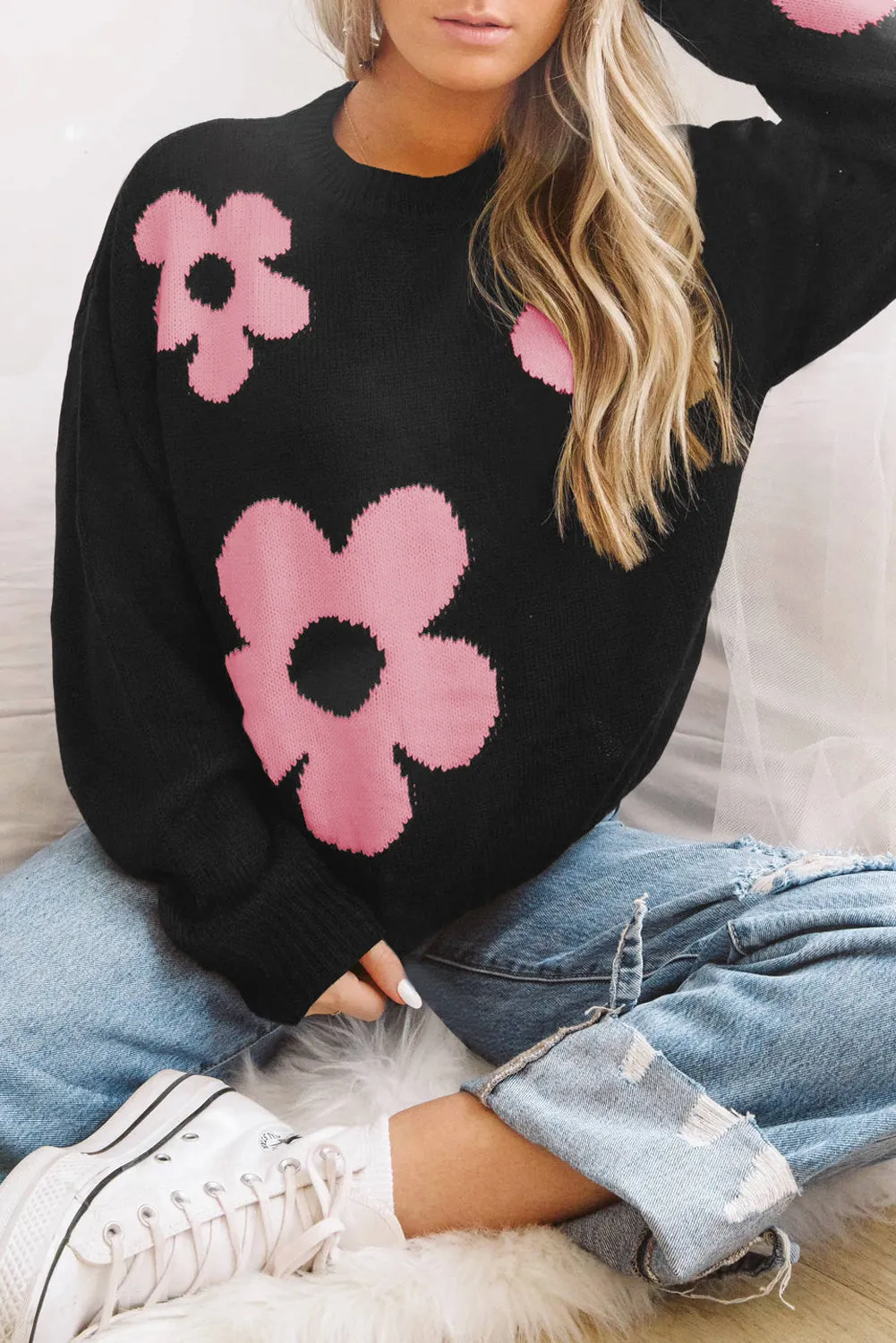 Black Big Flower Pattern Knit Sweater