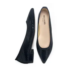 Black laminated suede pointed toe ballet flats