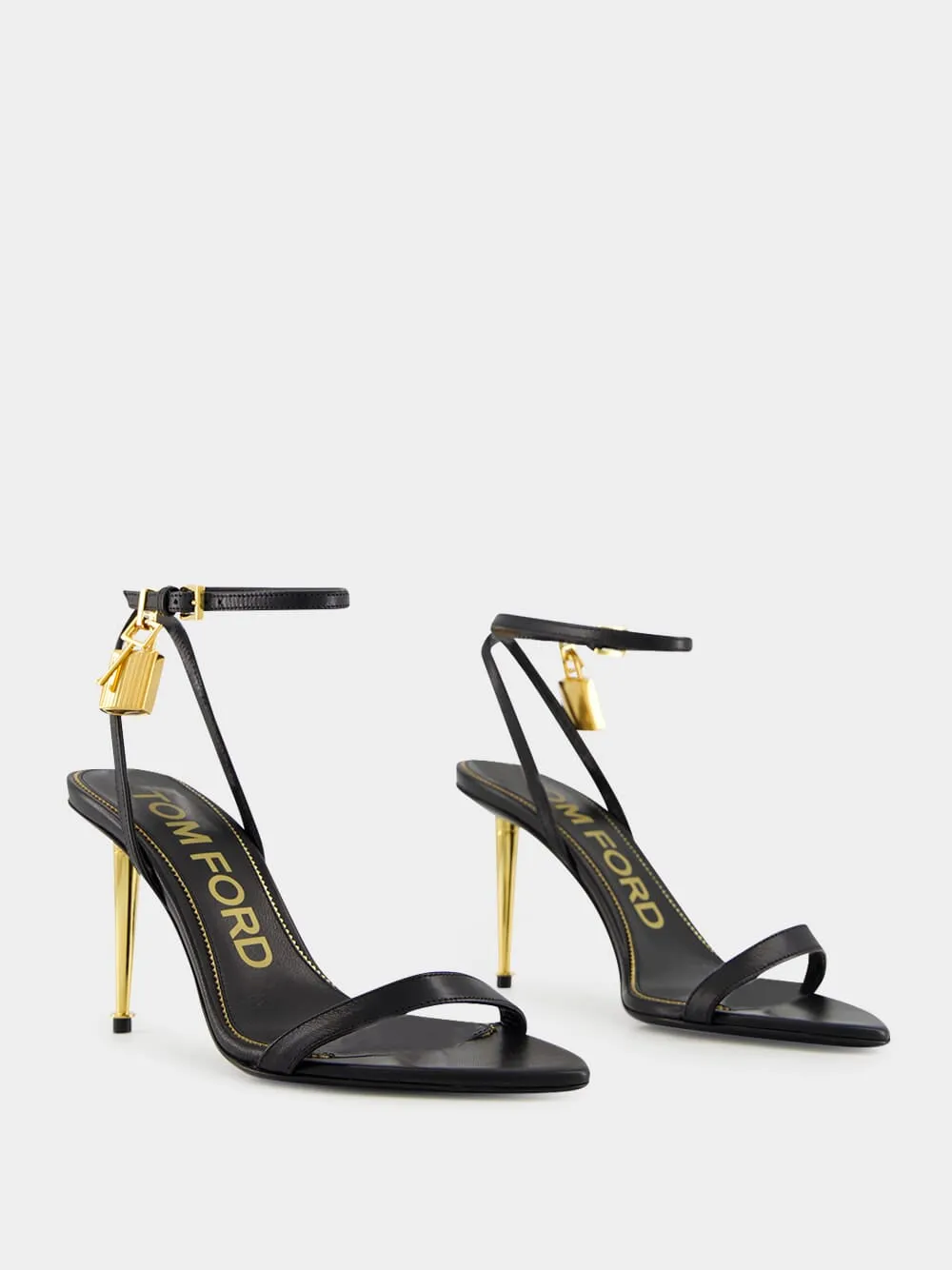 Black Shiny Leather Padlock Pointy Naked Sandal