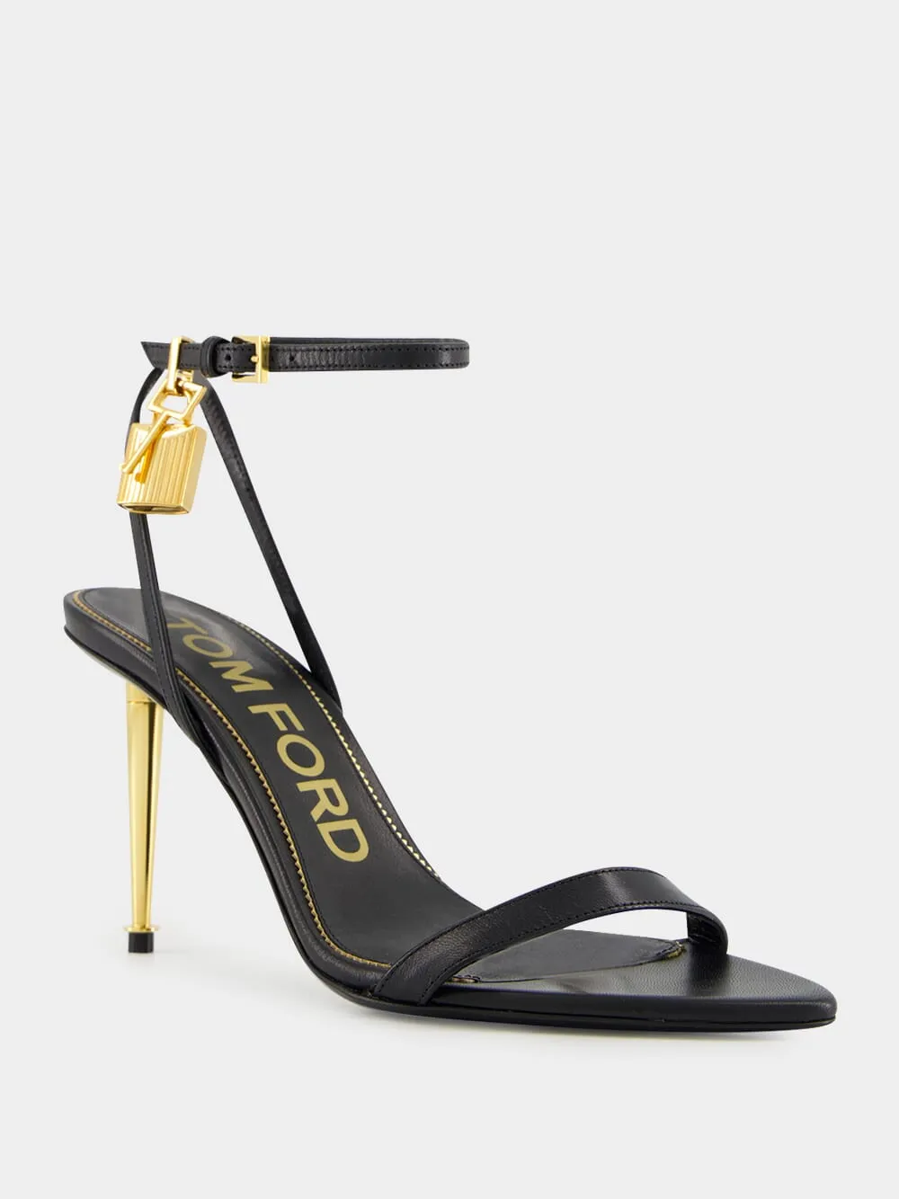 Black Shiny Leather Padlock Pointy Naked Sandal