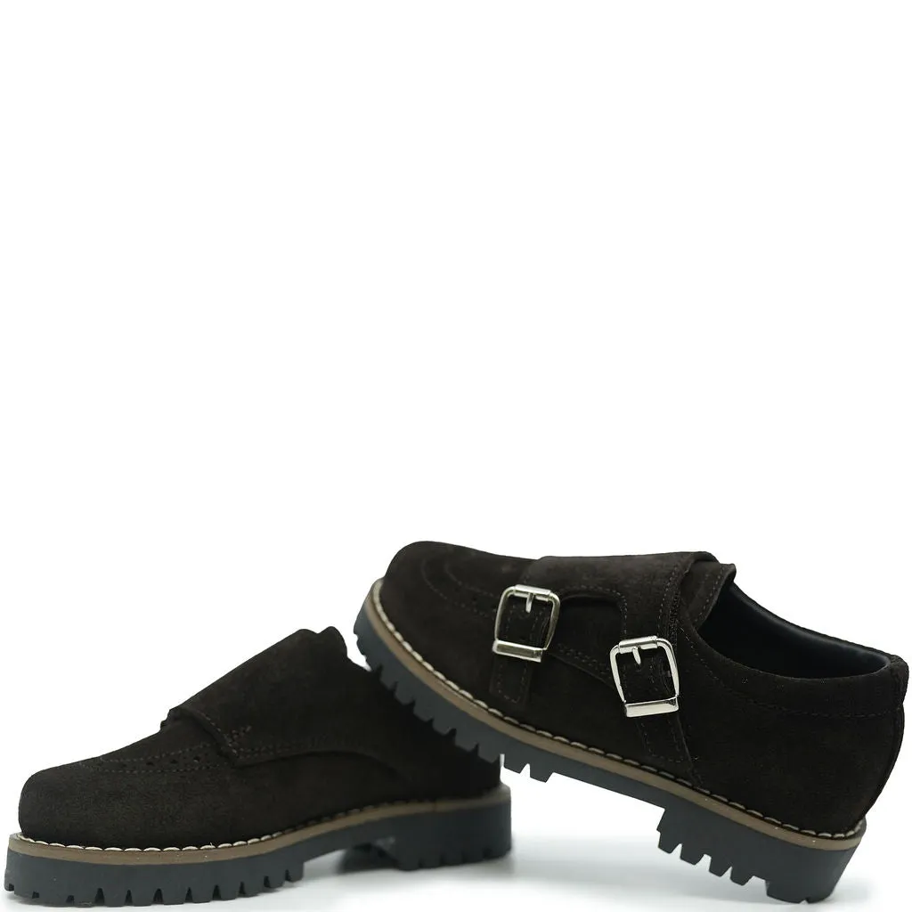 Blublonc Dark Brown Suede Double Monk Wingtip Shoe