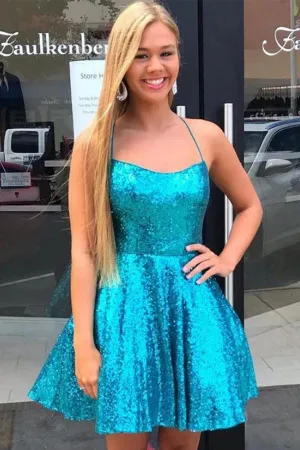 Blue Sequins A-line Backless Spaghetti Straps Homecoming Dresses, MH592