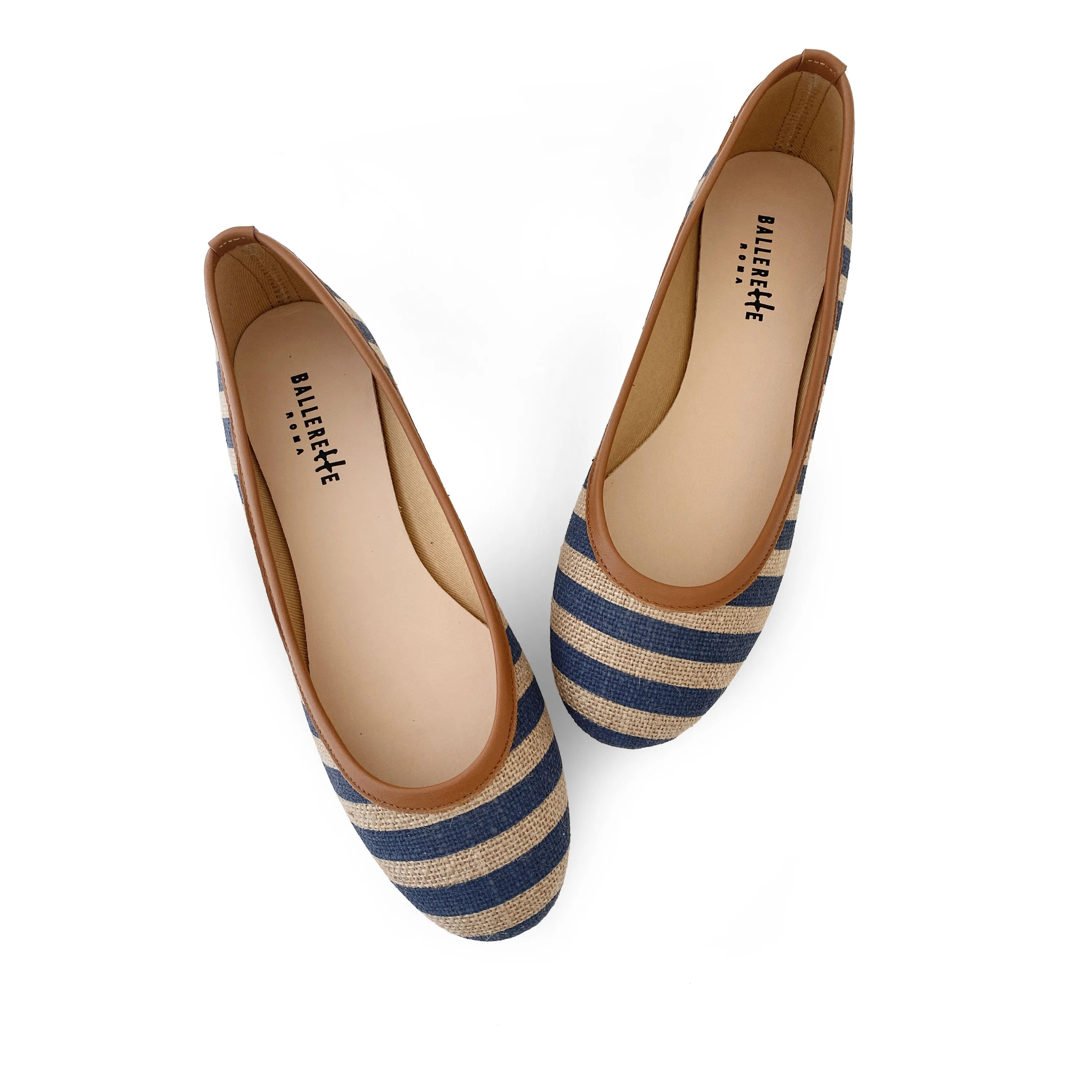 Blue striped jute ballet flats