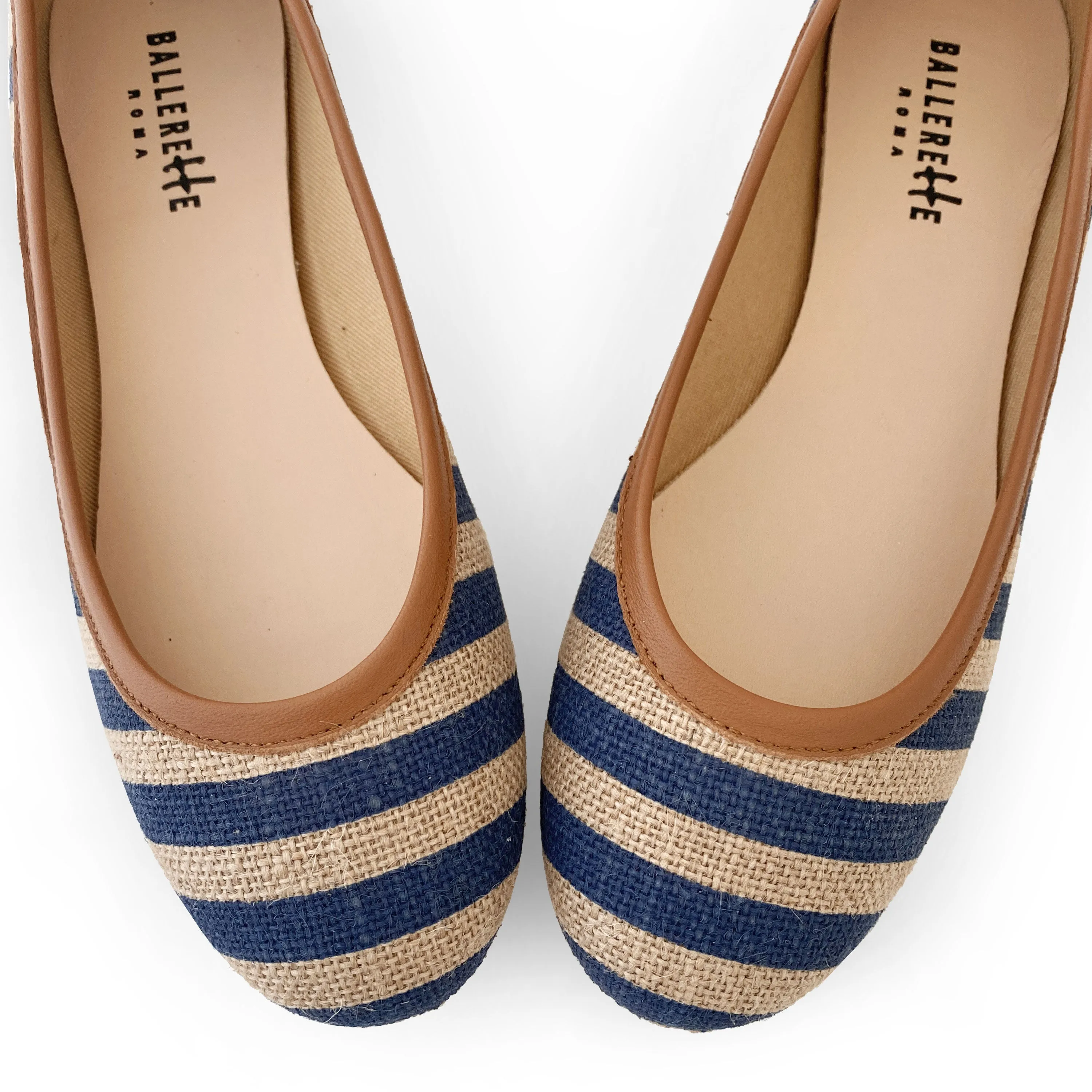 Blue striped jute ballet flats