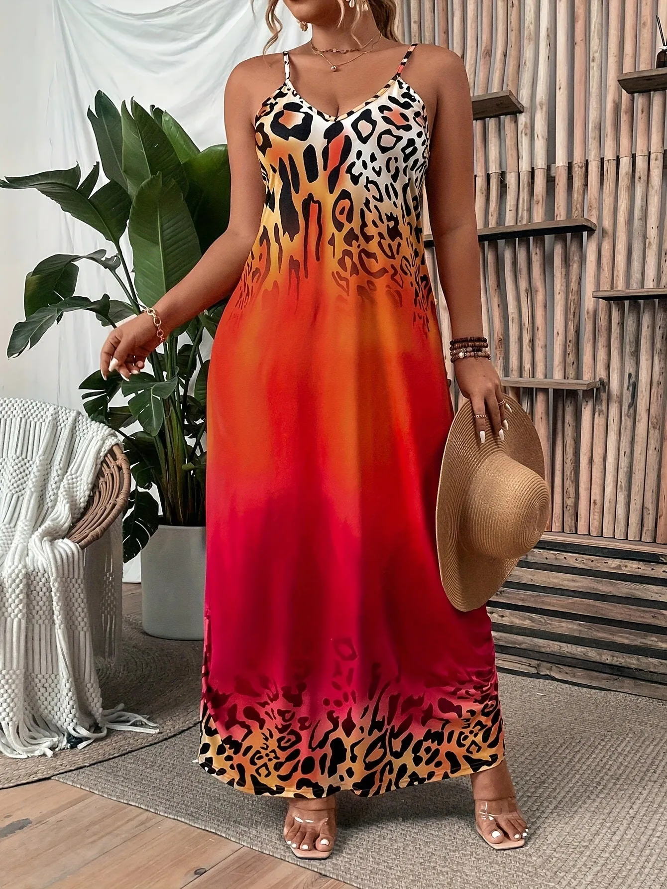 Bold Ombre Leopard Print Sleeveless Maxi Dress with Spaghetti Straps