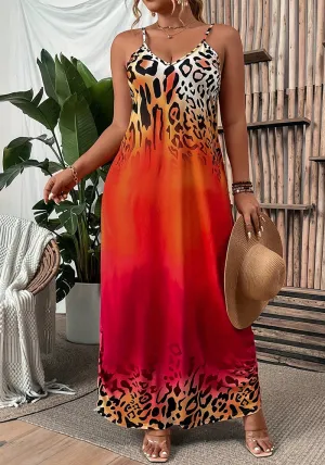 Bold Ombre Leopard Print Sleeveless Maxi Dress with Spaghetti Straps
