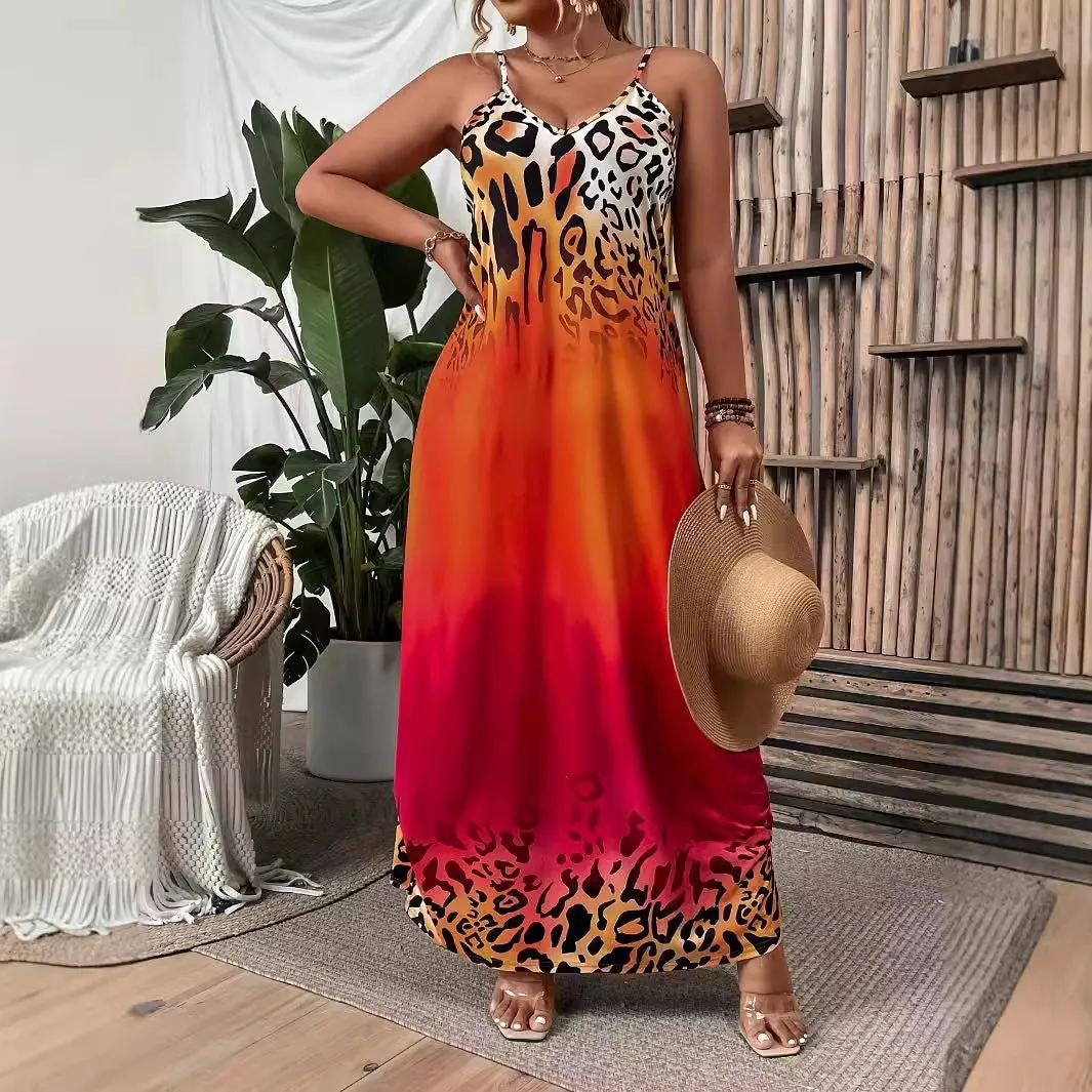 Bold Ombre Leopard Print Sleeveless Maxi Dress with Spaghetti Straps