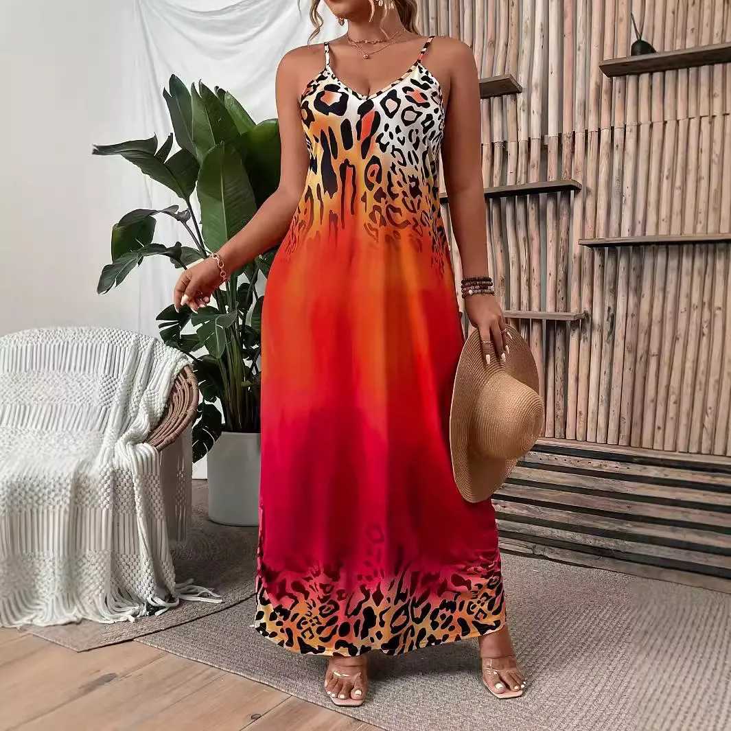 Bold Ombre Leopard Print Sleeveless Maxi Dress with Spaghetti Straps