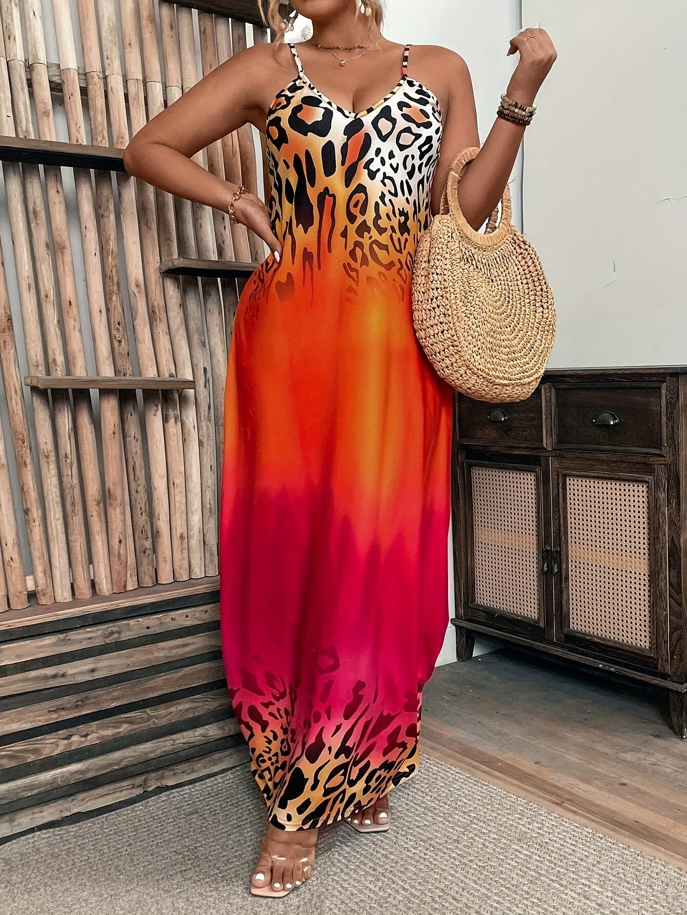 Bold Ombre Leopard Print Sleeveless Maxi Dress with Spaghetti Straps