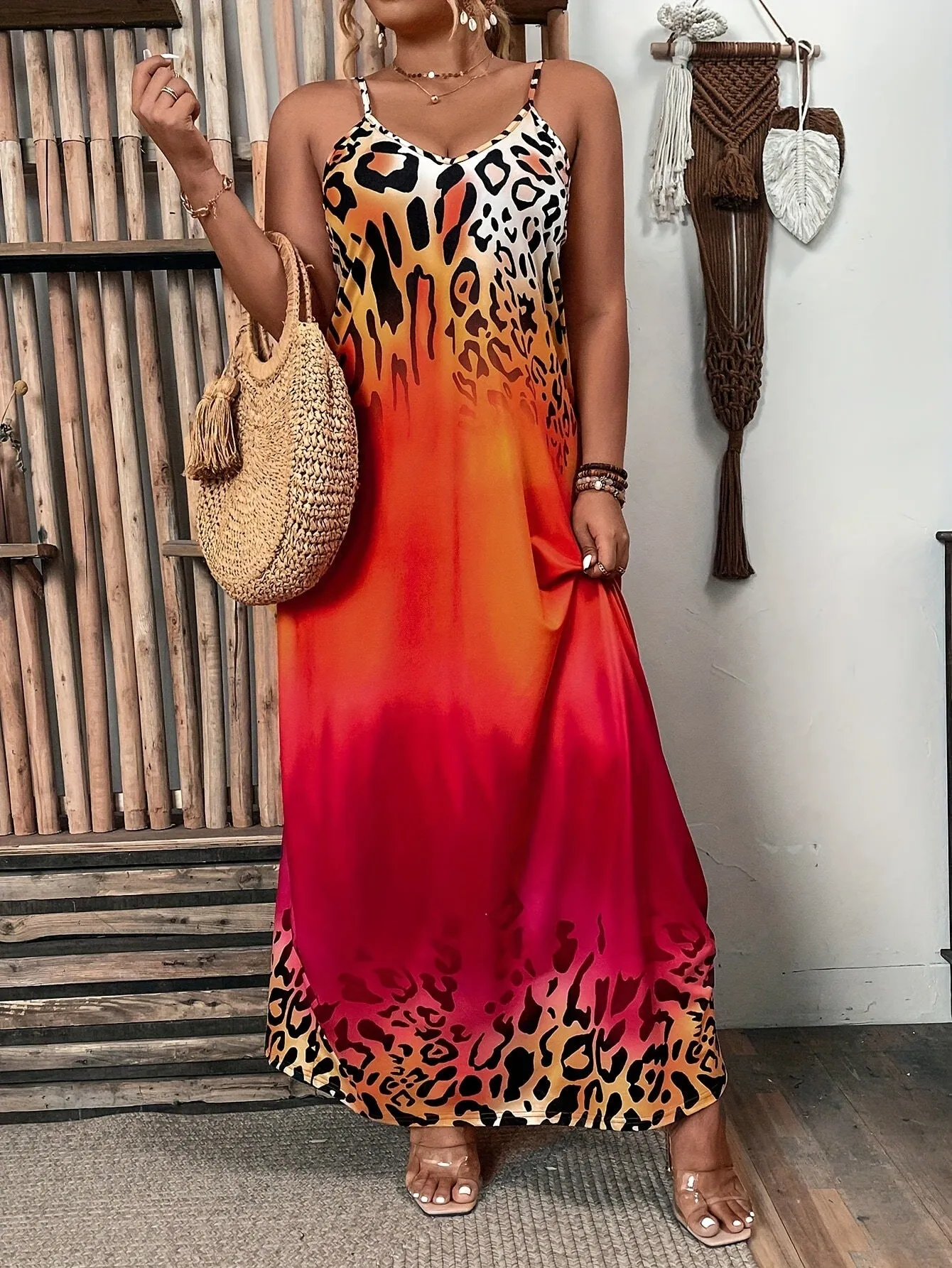 Bold Ombre Leopard Print Sleeveless Maxi Dress with Spaghetti Straps