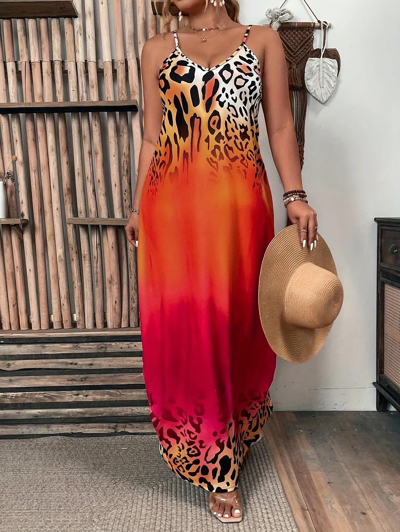 Bold Ombre Leopard Print Sleeveless Maxi Dress with Spaghetti Straps