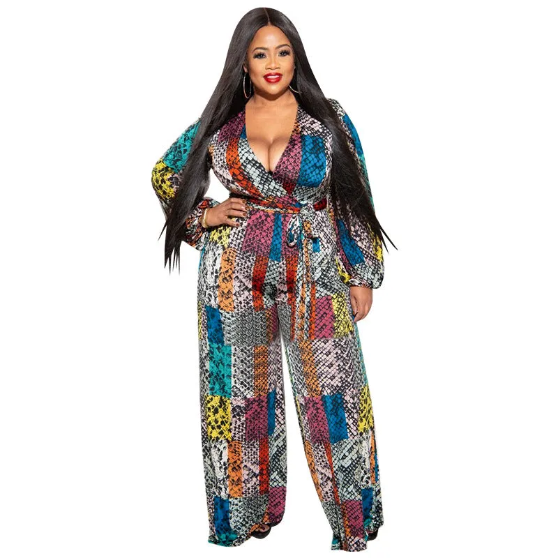 Bold Patchwork Print V-Neck Wrap-Style Wide-Leg Jumpsuit