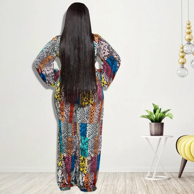 Bold Patchwork Print V-Neck Wrap-Style Wide-Leg Jumpsuit