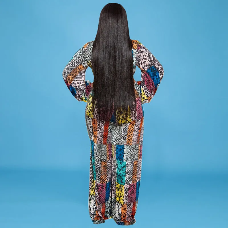 Bold Patchwork Print V-Neck Wrap-Style Wide-Leg Jumpsuit