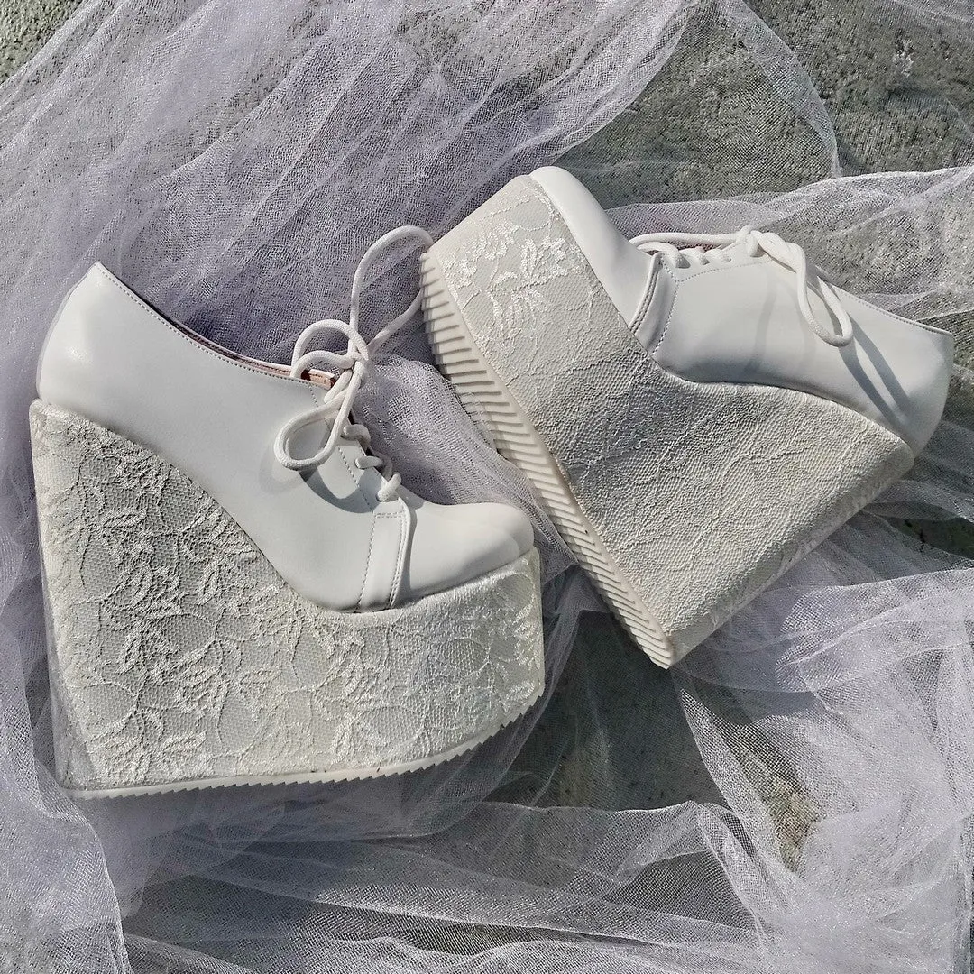 Bridal White Lace Up Wedge Shoes