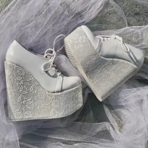Bridal White Lace Up Wedge Shoes