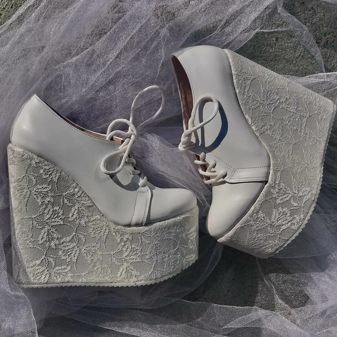 Bridal White Lace Up Wedge Shoes