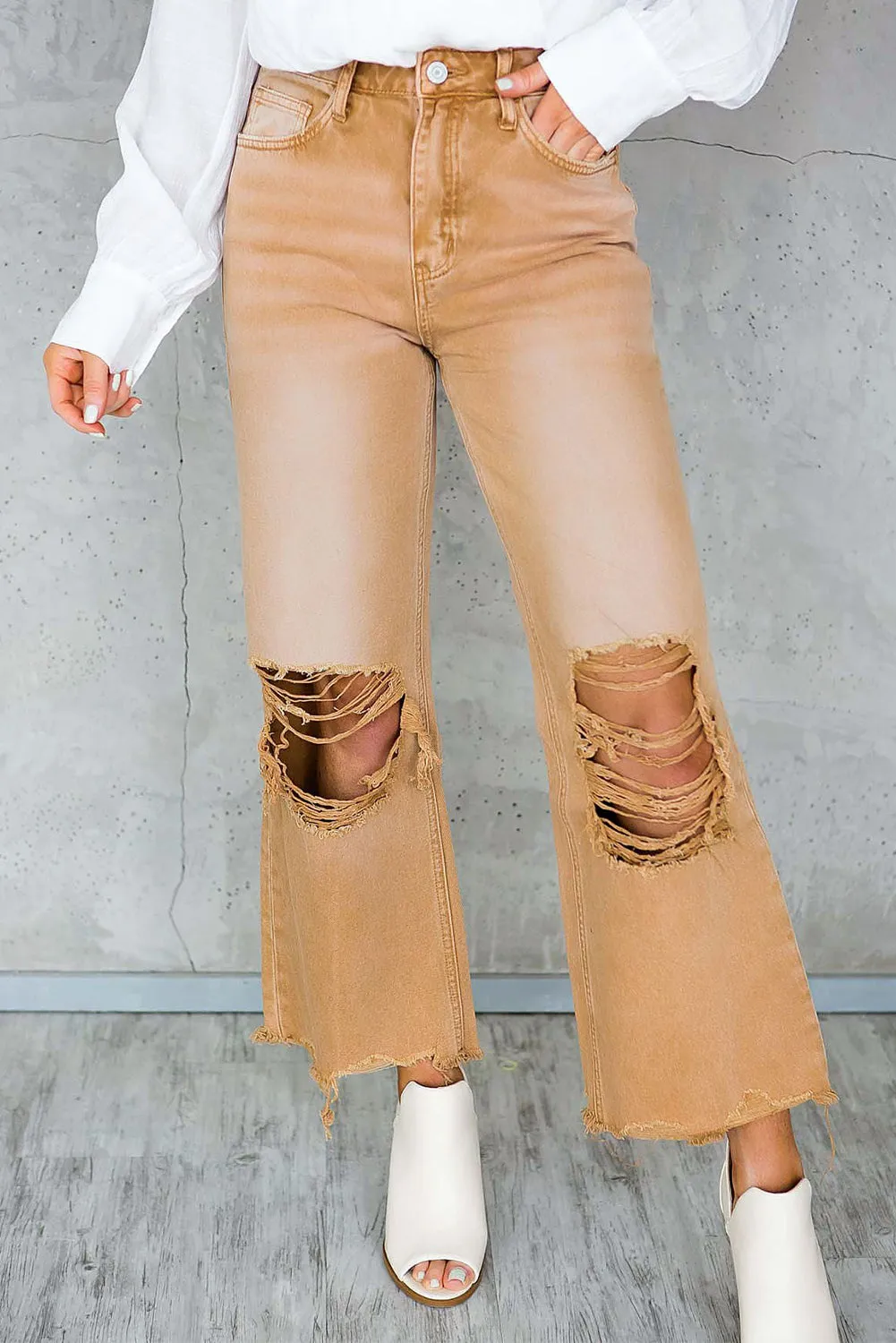 Brown Distressed Hollow-out High Waist Cropped Flare Jeans