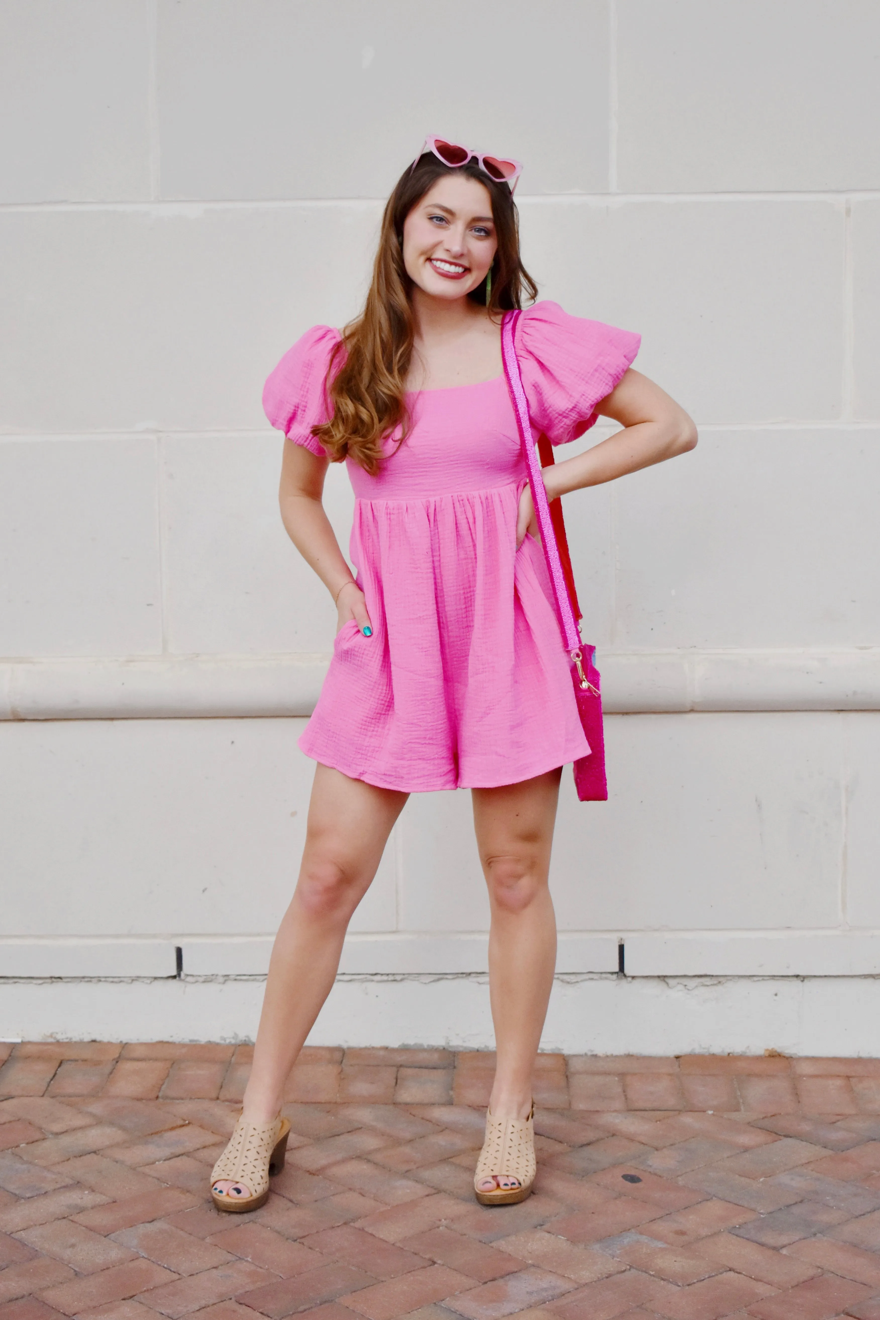 Bubblegum Pink Square Neck Gauze Romper