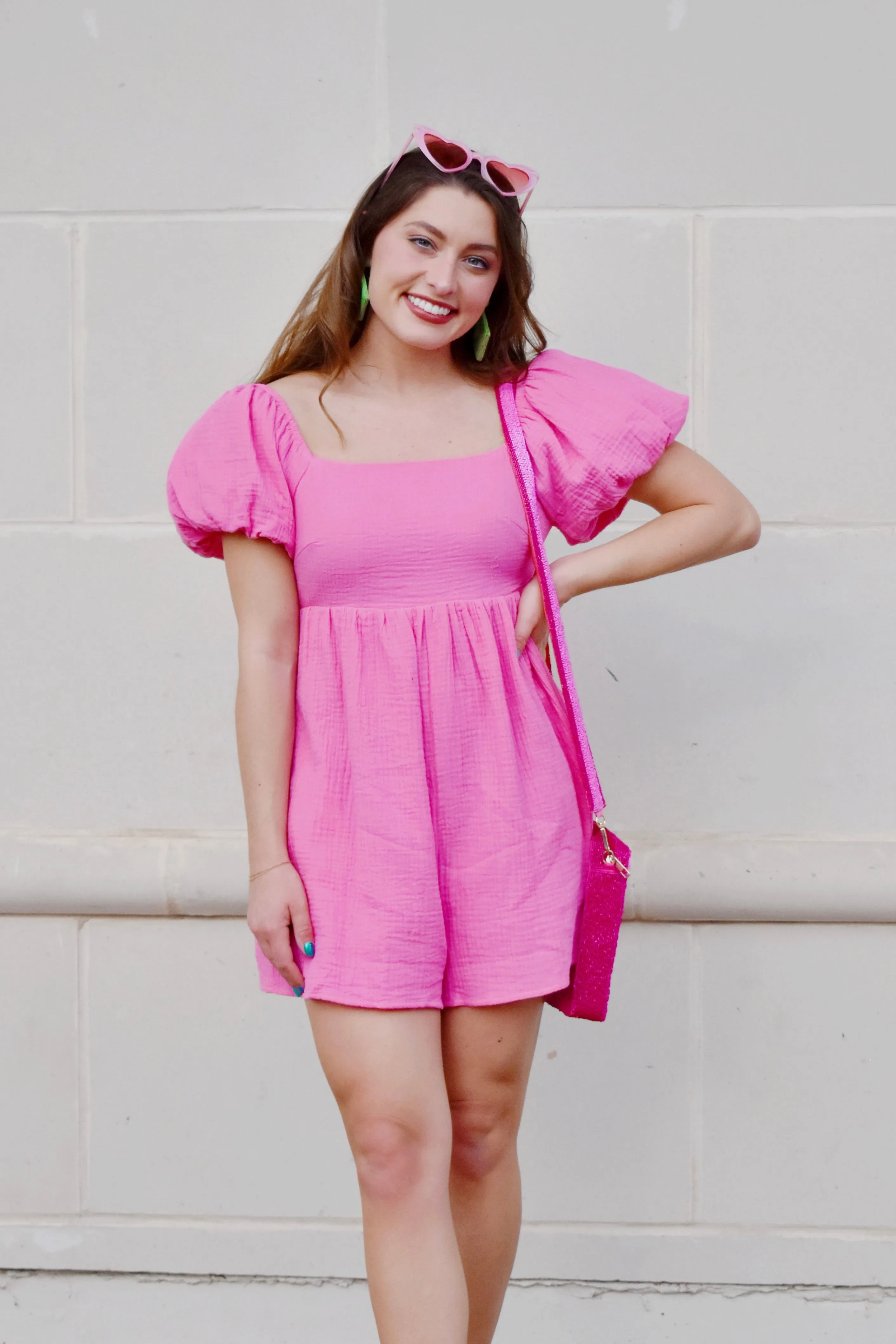 Bubblegum Pink Square Neck Gauze Romper