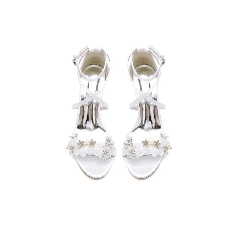 Chic Open Toe Rhinestone Flower Ankle Strap Chunky Heels