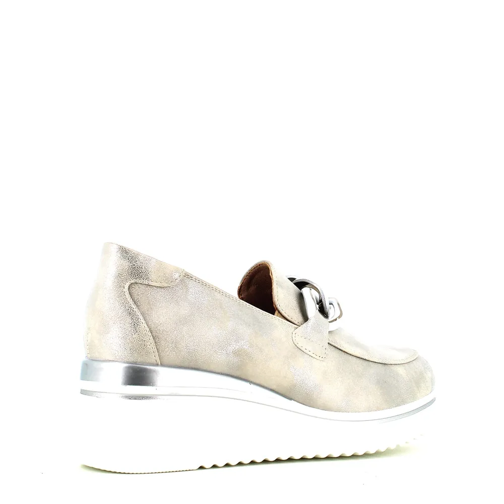 Cinders Edit Wedge Slip On Loafer Satin Silver