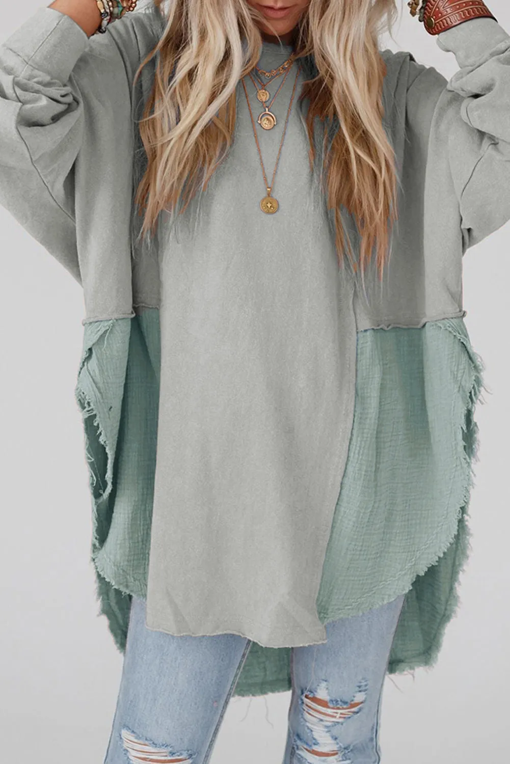 Crinkle Splicing Raw Hem High Low Oversized Blouse