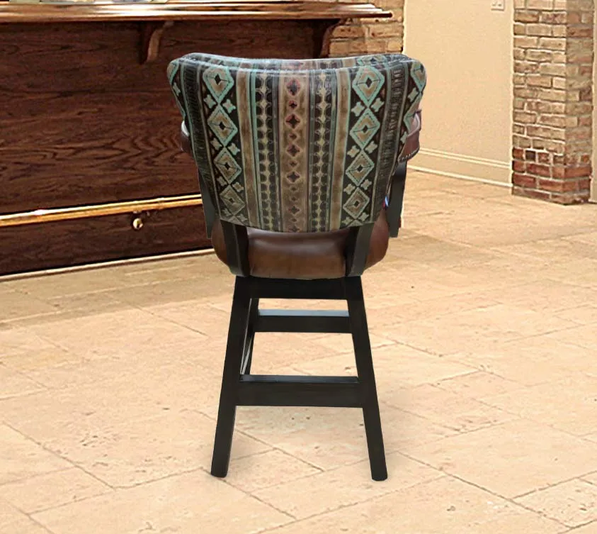 Custom Leather Barstool In Monaco Honey With Aztec Front Yoke & Solid Back