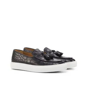 DapperFam King in Black Men's Italian Croco Embossed Leather Belgian Sneaker
