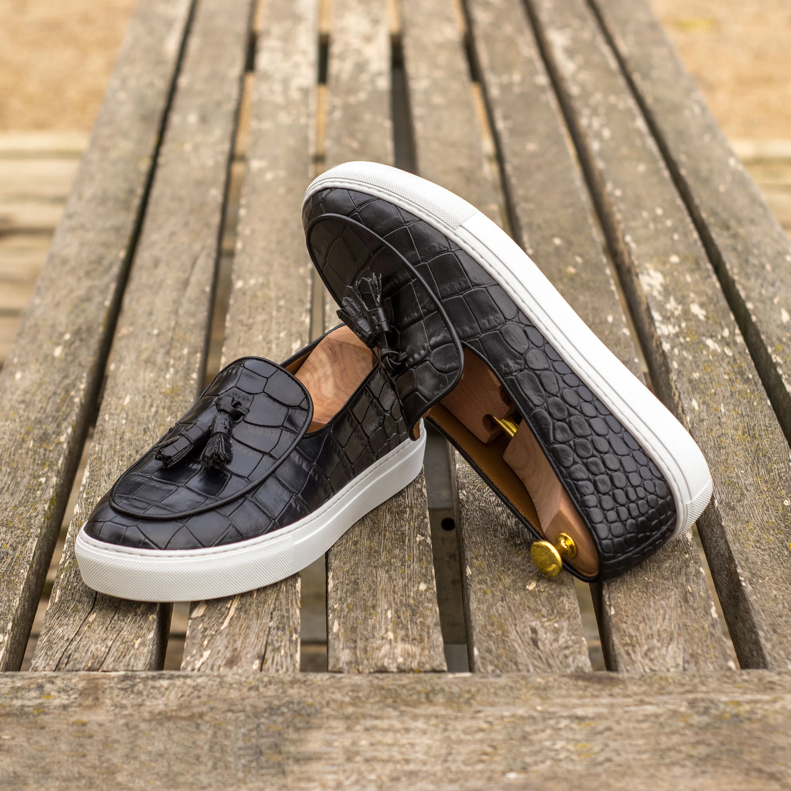 DapperFam King in Black Men's Italian Croco Embossed Leather Belgian Sneaker
