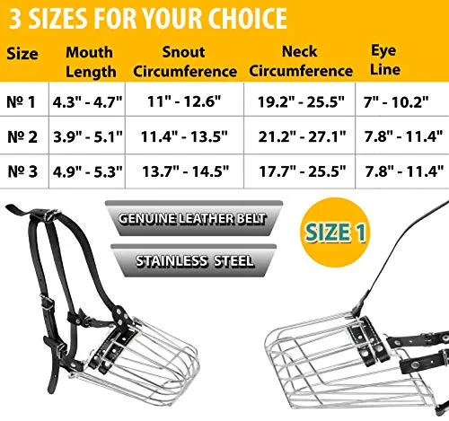Dog Chrome Metal Muzzles Wire Basket Adjustable Leather Straps German Shepherd Reinforced (№1) Snout Circumference is 11. - 12.6 in Length is 4.3-4.7 in