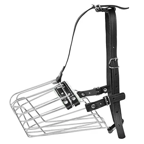Dog Chrome Metal Muzzles Wire Basket Adjustable Leather Straps German Shepherd Reinforced (№1) Snout Circumference is 11. - 12.6 in Length is 4.3-4.7 in