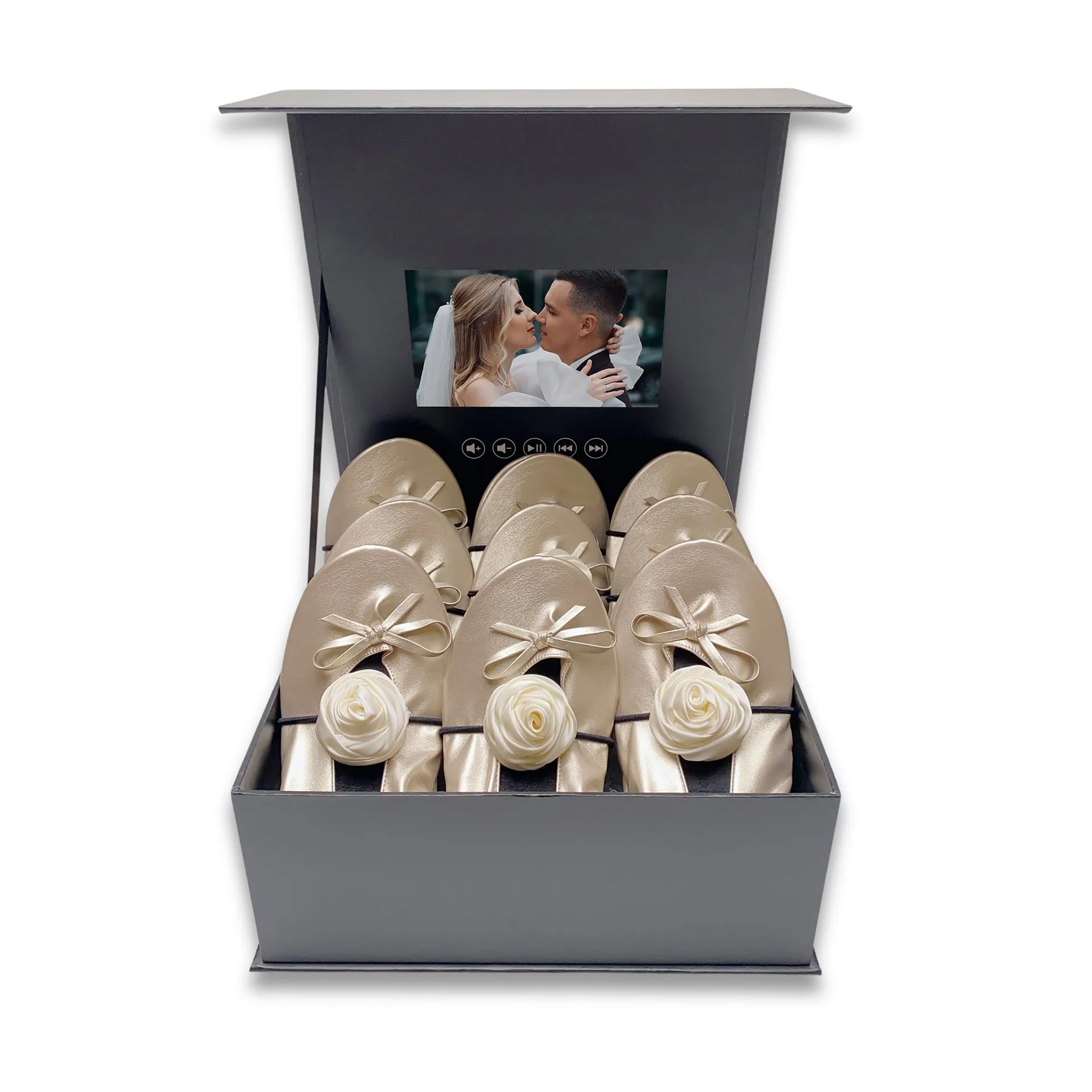Elegant Champagne Foldable Flats Wedding Gift Set: 12 Pairs with Ribbons & Digital Video Album