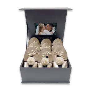 Elegant Champagne Foldable Flats Wedding Gift Set: 12 Pairs with Ribbons & Digital Video Album