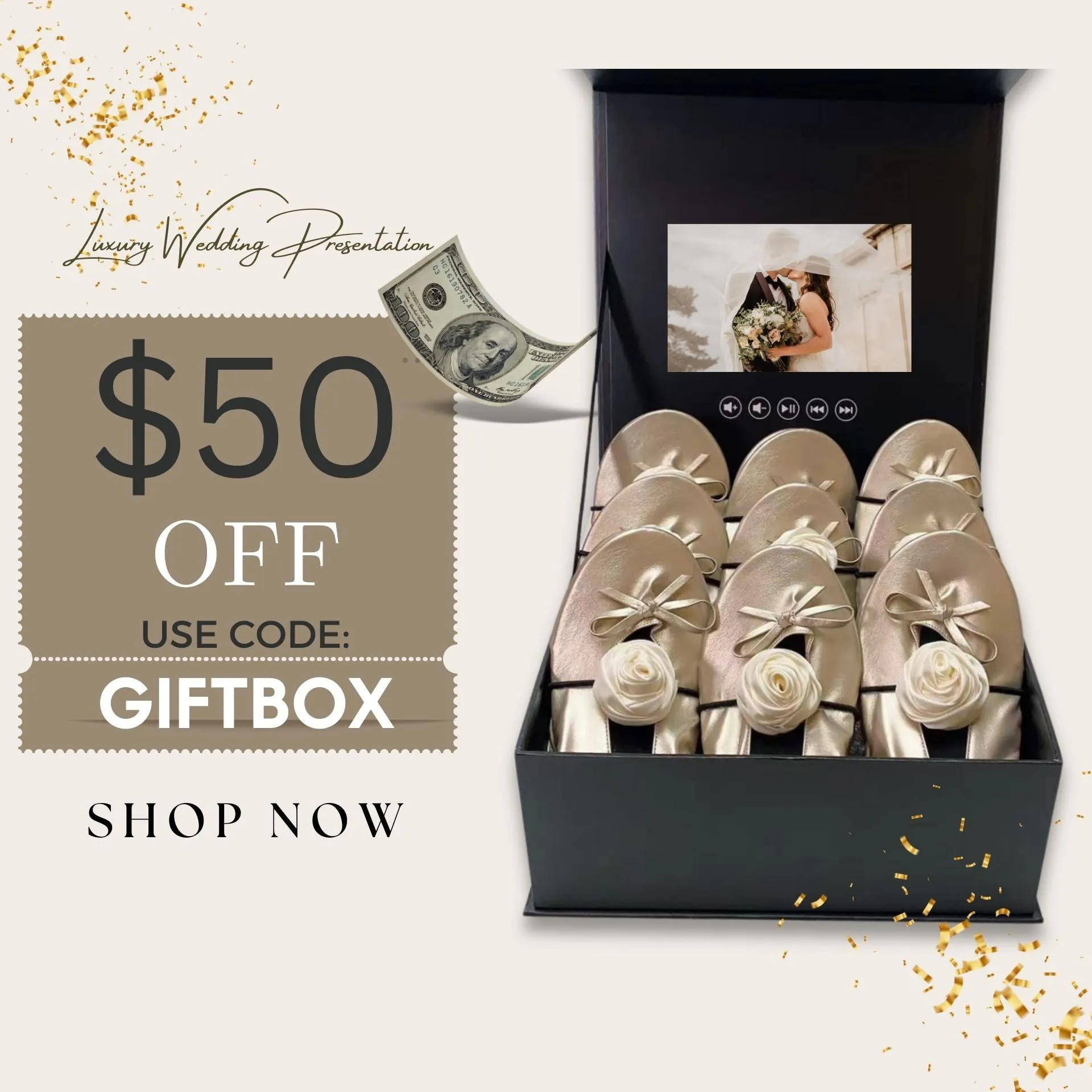 Elegant Champagne Foldable Flats Wedding Gift Set: 12 Pairs with Ribbons & Digital Video Album