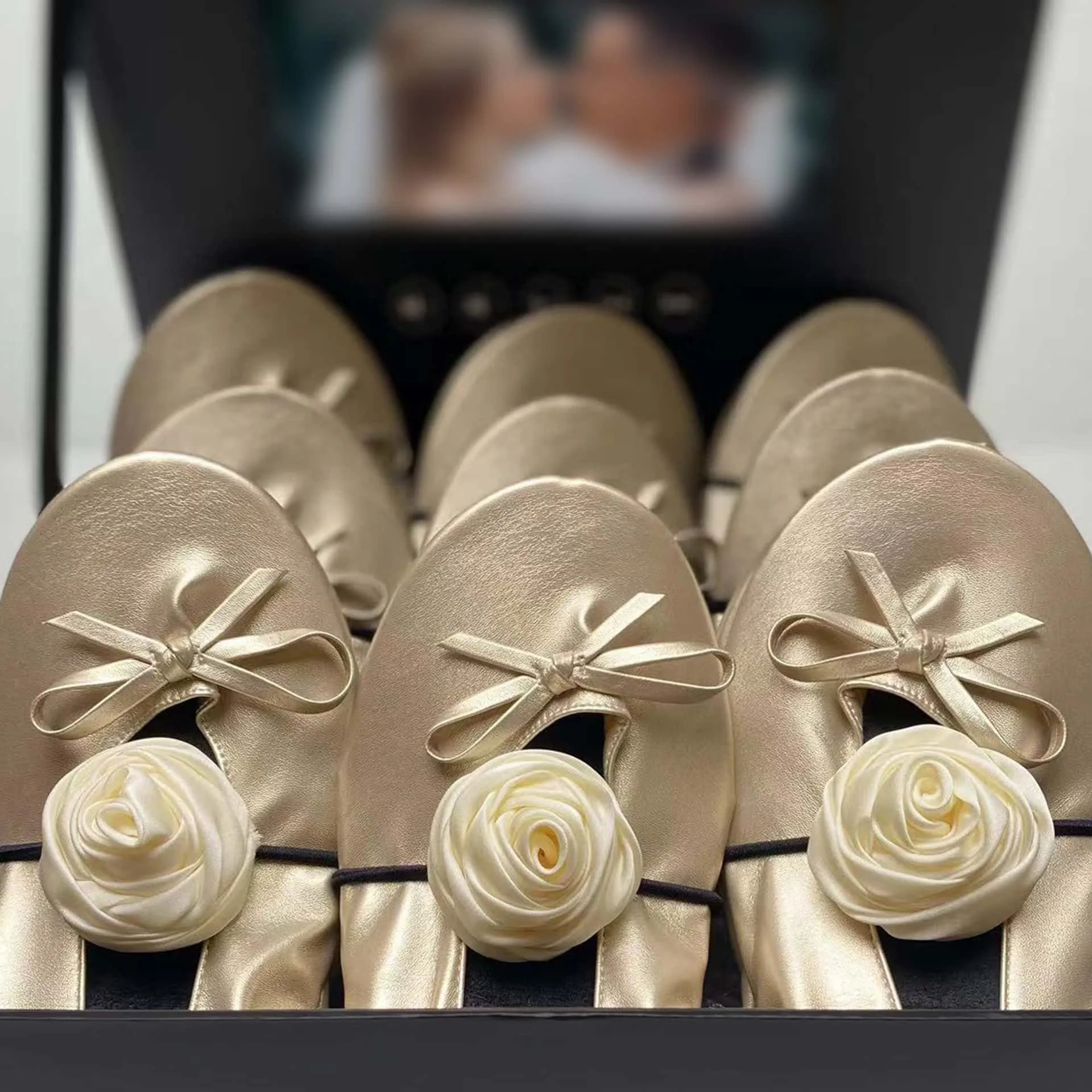 Elegant Champagne Foldable Flats Wedding Gift Set: 12 Pairs with Ribbons & Digital Video Album
