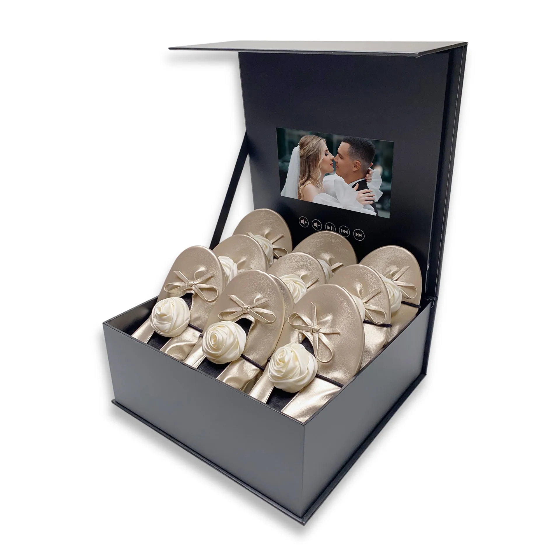 Elegant Champagne Foldable Flats Wedding Gift Set: 12 Pairs with Ribbons & Digital Video Album