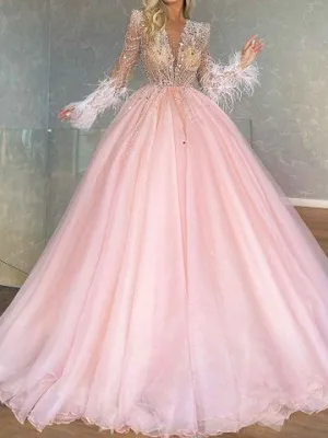 Elegant Deep V-Neck Shiny See-Through Feathers A-Line Evening Maxi Dress Pink Prom Dress     fg512